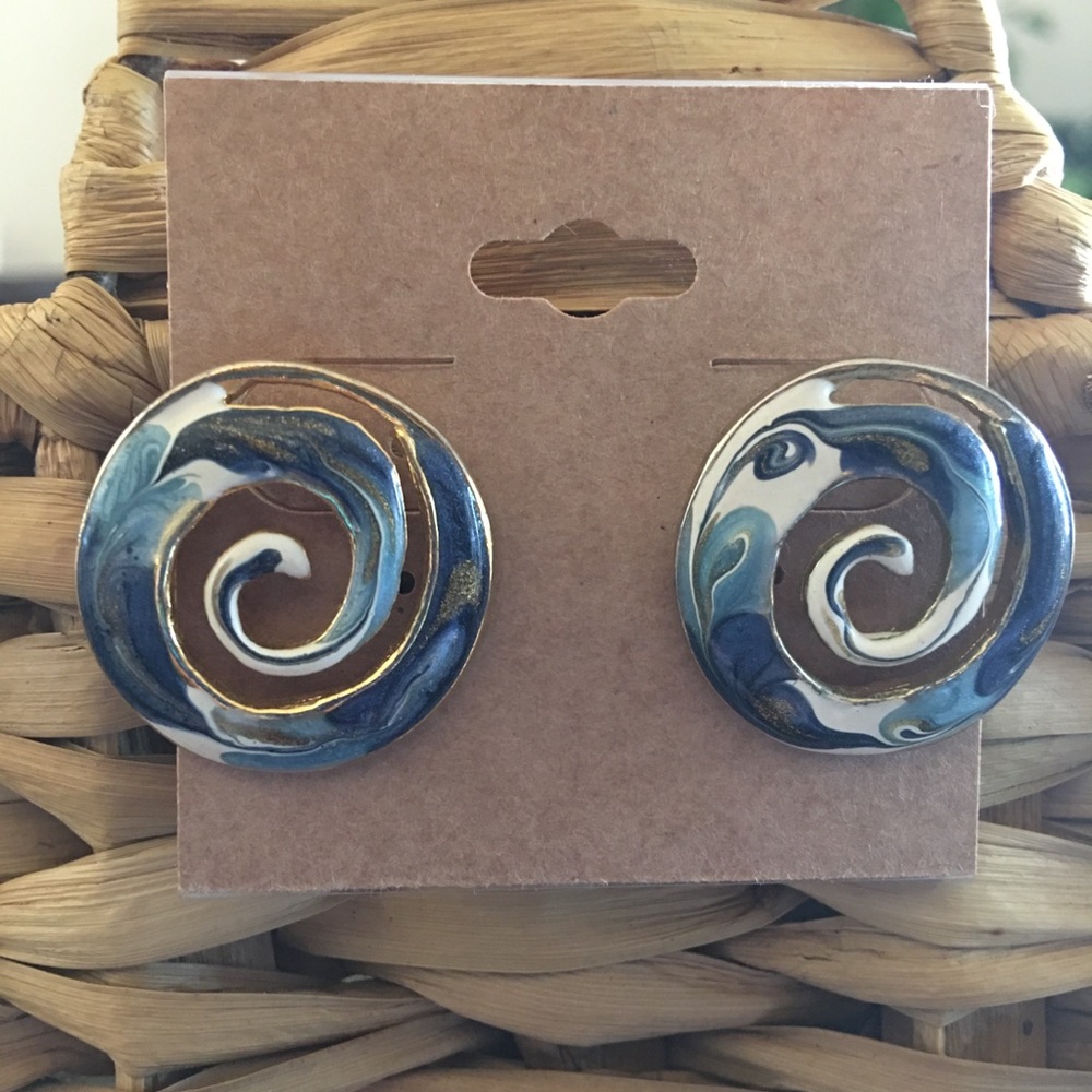 Vintage blue enamel swirl design pierced earrings